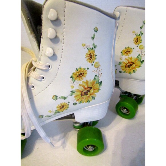 Gonex Roller Skates White Green Sunflowers 4 Wheels Double Row Leather Size 9 - Picture 6 of 9